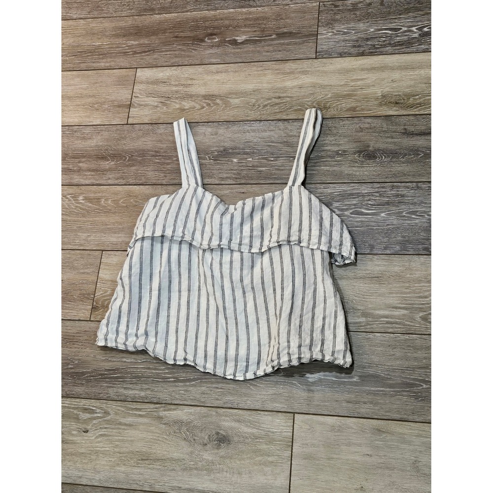 Quince White and Gray Striped Ruffle Linen Cami Size Large